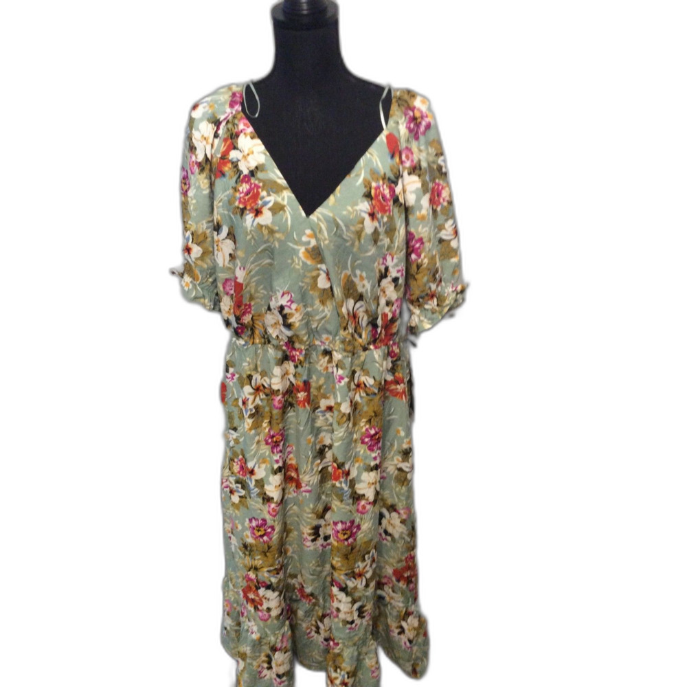 New NWT AVA ROSE Floral Dress 3XL Cottagecore Maxi V neck Puff Sleeves Sage